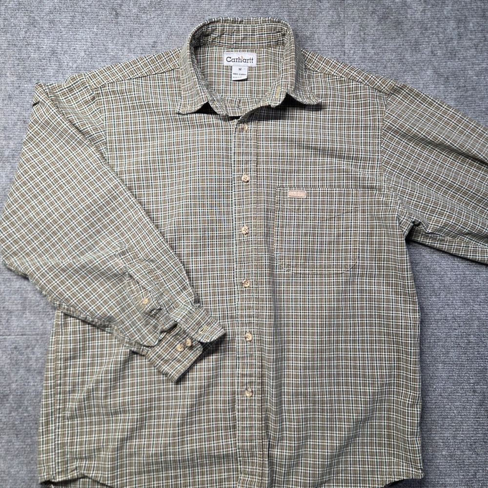 Carhartt Mens Plaid Button Down Shirt Green Brown Long Sleeve Cotton Size M
